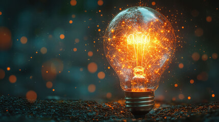 Illuminated light bulb with glowing particles and abstract connections, symbolizing innovation