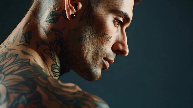 Close-up of a tattooed man showcasing intricate designs on his neck and shoulders in a studio setting
