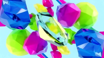 Vivid, low-poly 3D artwork. Abstract composition of colorful, gem-like shapes against a light blue backdrop, creating a vibrant visual. Shapes include varied tones - Powered by Adobe