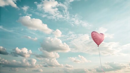 Fototapeta premium Pink heart shaped balloon floating in a blue sky with fluffy white clouds on a bright sunny day