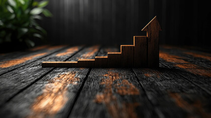 Wooden growth chart symbolizes business success and progress in dark setting