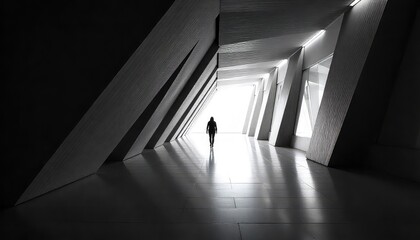 A lone figure walking through a bright tunnel with geometric architecture in grayscale tones and light