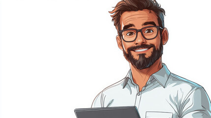 Cheerful businessman with glasses holds laptop, showcasing friendly demeanor