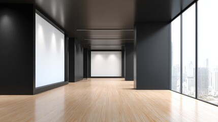 Modern Gallery Space with White Mockup Screens and Large Windows, Ideal for Art Exhibition