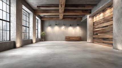 Modern Loft Interior with Concrete Walls, Wooden Beams, and Natural Light from Large Windows