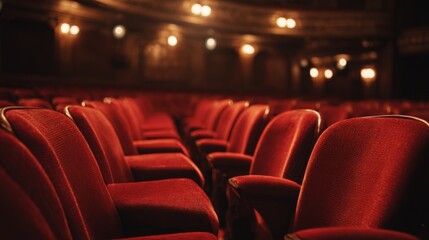Fototapeta premium Rows of Empty Red Velvet Seats in a Theater, Cinematic Atmosphere, Nostalgic Ambiance
