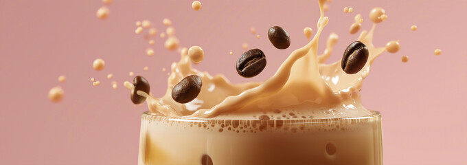Roasted Coffee Beans Splashing into Creamy Beverage on Pink Background