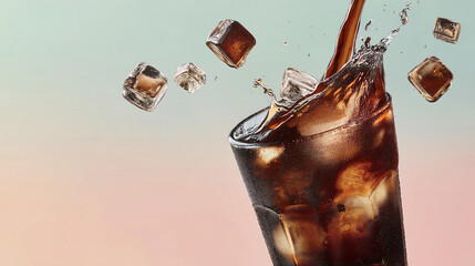 Refreshing Cold Brew Coffee Splashing with Ice Cubes into a Glass