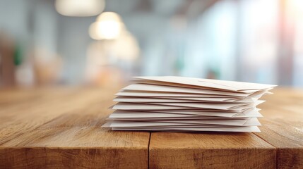 Stack of Documents on Wooden Table: Office Paperwork, Correspondence and Business Administration Concept