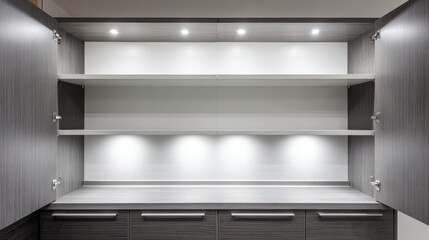 Fototapeta premium Modern Cabinet with Open Doors and LED Lighting Displaying Empty Shelves, Ideal for Product Mockups