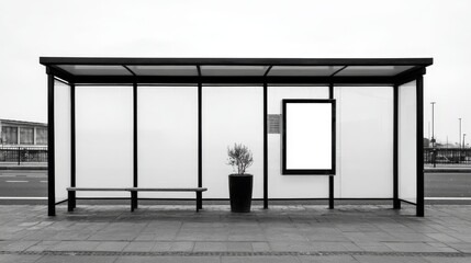 Urban Bus Stop Shelter Mockup with Blank Advertising Billboard in Monochrome Aesthetic