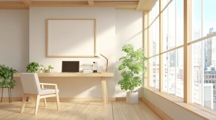 Fototapeta premium Bright Contemporary Office Space with Empty Frame, Desk, Chair, Laptop, and City View