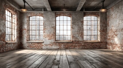 Vintage Loft Interior with Brick Walls, Large Windows, and Natural Light for Commercial and Creative Use