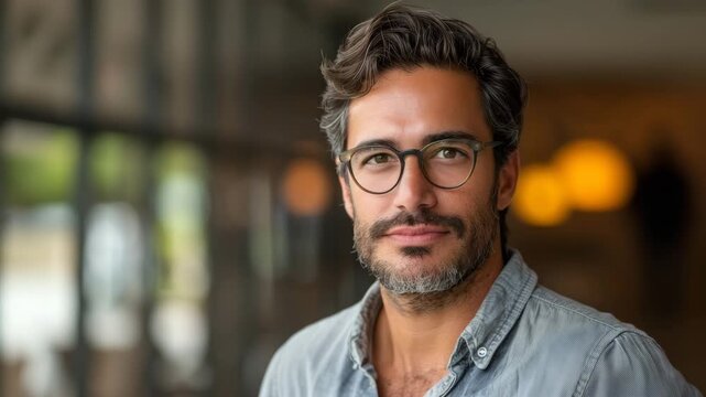 Man with glasses and curly hair smiling in a modern indoor setting during daylight hours