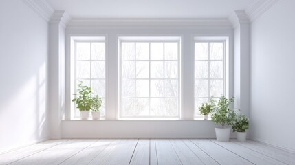 Fototapeta premium Bright, Airy Interior with White Walls, Wooden Floor, Large Windows, and Potted Plants for a Fresh, Minimalist Design