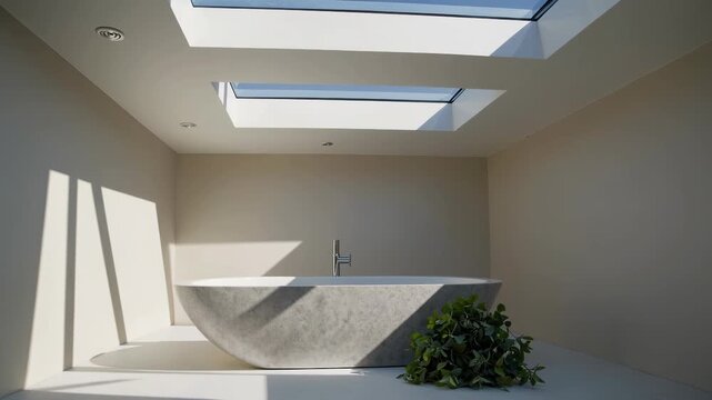 Modern bathroom design with natural light and minimal decor features a stunning freestanding tub and skylights