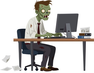 Funny zombie office worker sitting at desk using computer, tired undead employee illustration, humorous corporate stress concept, Halloween cartoon business vector art