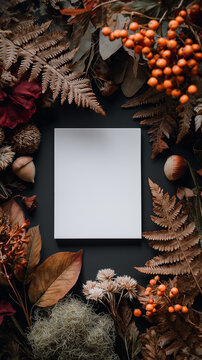 Seasonal composition with autumn leaves, berries and blank paper mockup for greeting card design