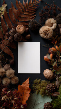 Autumn flat lay with blank card surrounded by ferns, nuts and dried foliage on dark background