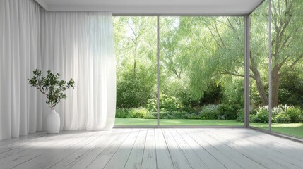 Fototapeta premium Bright Interior Space with Garden View, Featuring White Curtains and Minimalist Design for Product Mockups