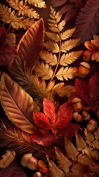 Rustic autumn still life with colorful leaves, moss and acorns on moody backdrop