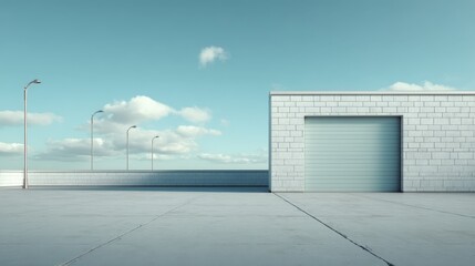 Obraz premium Minimalist architectural composition featuring a brick building, concrete ground, streetlights, and a serene blue sky backdrop