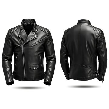 Stylish black faux leather motorcycle jacket for men front and back view