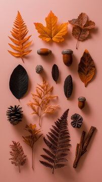 Colorful fall foliage and acorns on warm background, minimal seasonal nature layout