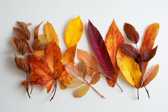 Autumn leaves in warm tones arranged on white background, minimal fall composition with colorful foliage