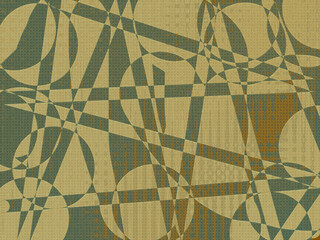 Geometrics combine lines, squares, curves in allover design for backdrop, Two tone colors overlap with small squares.