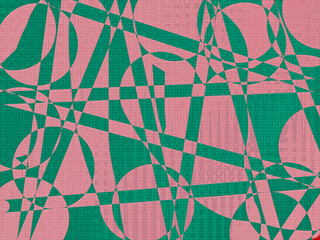 Geometrics combine lines, squares, curves in allover design for backdrop, Two tone colors overlap with small squares.