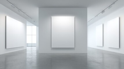 Fototapeta premium Minimalist Art Gallery Interior with White Walls, Concrete Floors, and Blank Canvas for Artistic Exhibition