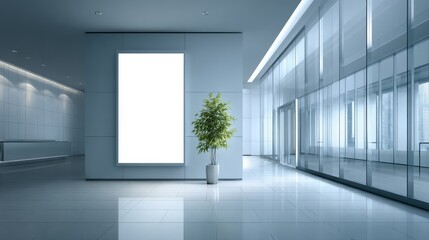 Fototapeta premium Modern Office Lobby with Blank Poster and Glass Wall, Ideal for Mockups and Interior Design