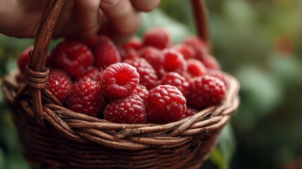Hand picking raspberries from basket