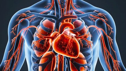 Anatomical view showing the heart lungs and circulatory system in a translucent human body model - Powered by Adobe