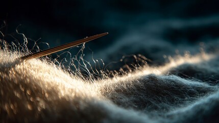 Knitting needle through fluffy yarn