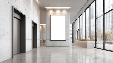 Fototapeta premium Modern Corporate Lobby with Blank Billboard Mockup, Elevators, and Reception Desk for Advertising Display
