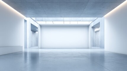 Obraz premium Minimalist Modern Gallery Space with Natural Light and Concrete Elements, Ideal for Art Exhibitions and Commercial Displays