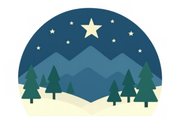 Winter night forest landscape with snow, pine trees, mountains, star, and transparent background