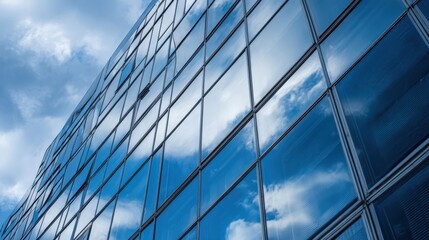 Obraz premium Modern architecture featuring reflective glass windows reflecting cloudy skies, symbolizing innovation and growth