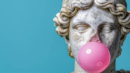 Classical Marble Statue Bust with Pink Bubble Gum Against Bright Blue Background