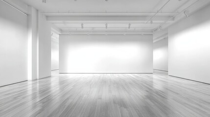 Fototapeta premium Modern Art Gallery Interior Featuring White Walls, Hardwood Floors, and Spacious Layout for Creative Exhibitions