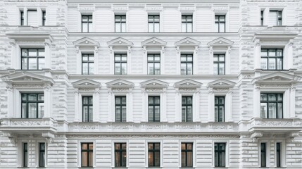 Obraz premium Classical White Building Facade with Balconies and Windows, Architectural Detail, Urban Elegance and Symmetry