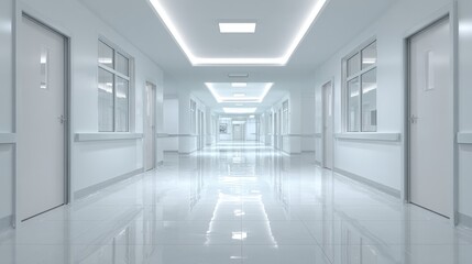 Clean Hospital Corridor with Doors and Windows, Illustrating Medical Facility Interior and Healthcare Design