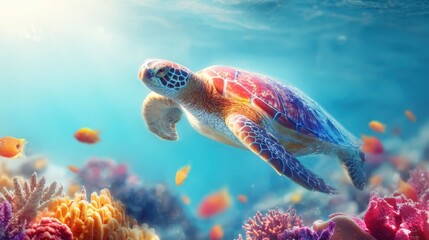 Fototapeta premium Majestic Sea Turtle Gliding Gracefully Through Vibrant Coral Reef Ecosystem Underwater
