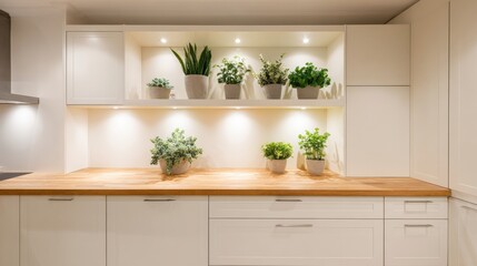 Bright Kitchen Decor Featuring Potted Plants on Wooden Countertop with White Cabinets and Soft Lighting