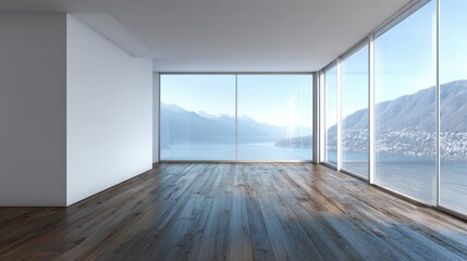 Bright Empty Room with Panoramic Lake View, Modern Interior Design, Real Estate Potential, and Unfurnished Space