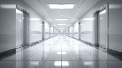 Long Hospital Corridor with Doors and Tile Flooring, Minimalist Architecture in Monochrome, Clean Interior Design