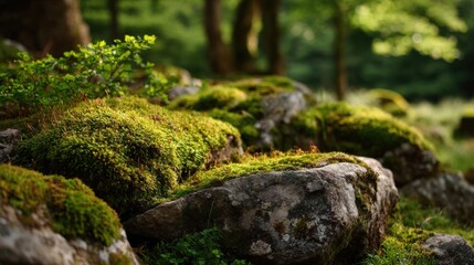 Fototapeta premium Moss Covered Rocks in a Lush Forest, Featuring Beautiful Greenery and Natural Textures in a Natural Setting