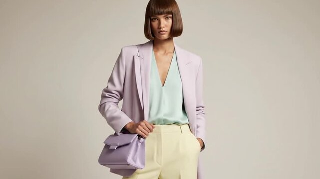 Confident woman showcasing a modern pastel fashion ensemble with a stylish handbag.